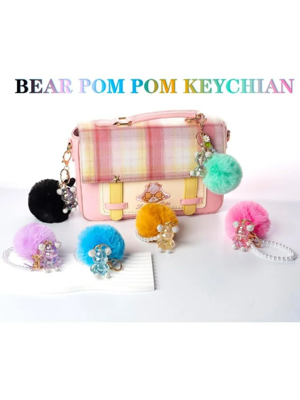 Kawaii Cute Bear Keychain - Bling Gummy Teddy Pom Pom Wristlet for Women